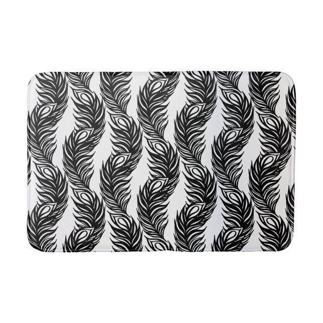 Black and white abstract Peacock feather pattern Bath Mat (Front)