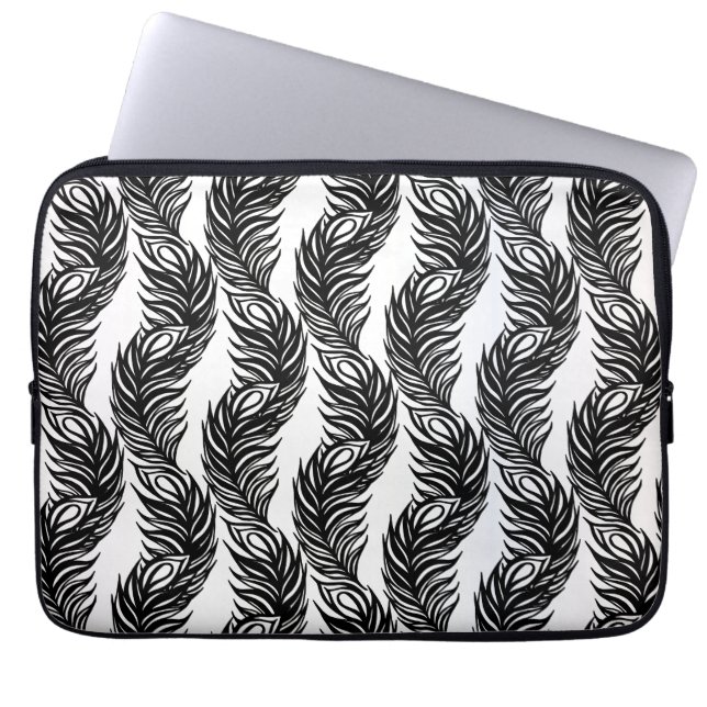Black and white abstract Peacock feather pattern Laptop Sleeve (Front)