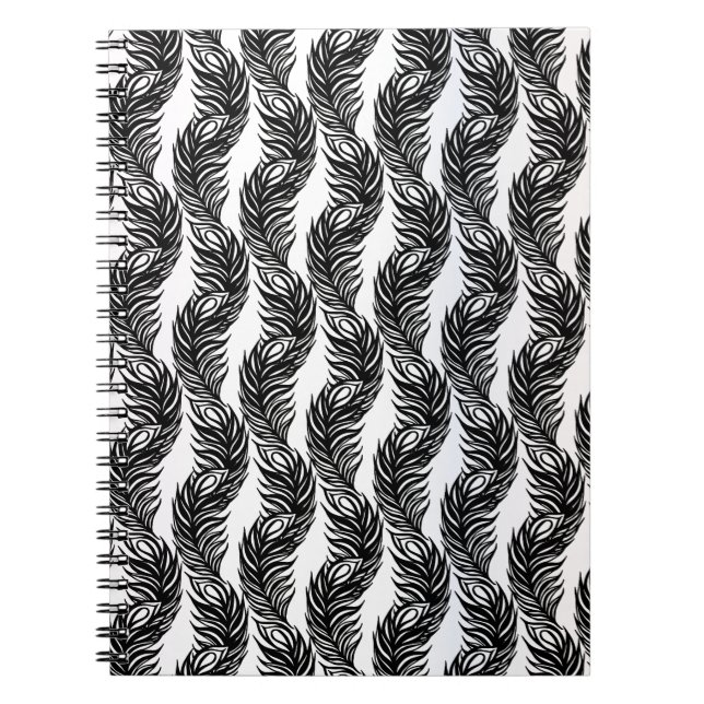 Black and white abstract Peacock feather pattern Spiral Notebook (Front)