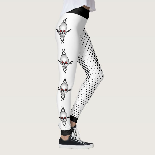 Black and White Abstract Polka Dot Skulls Leggings (Right)