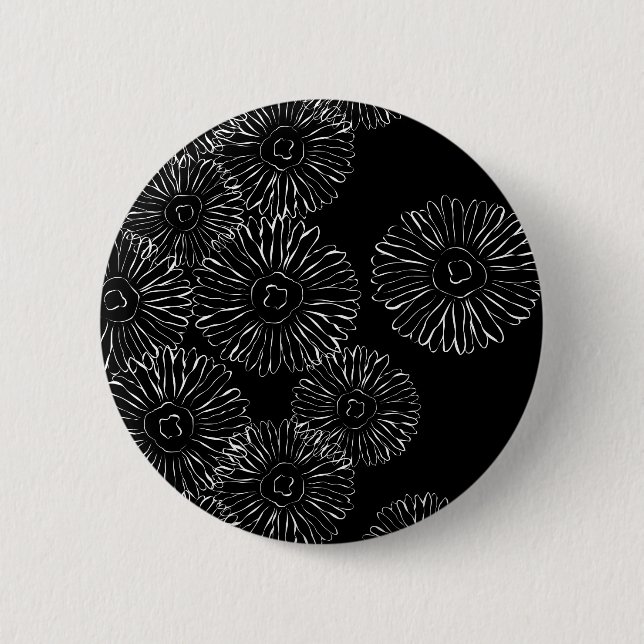 Black and white abstract spring flowers 6 cm round badge (Front)