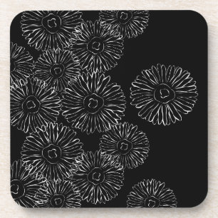 Black and white abstract spring flowers coaster