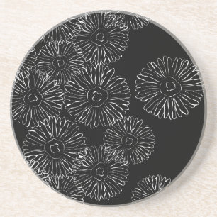 Black and white abstract spring flowers coaster