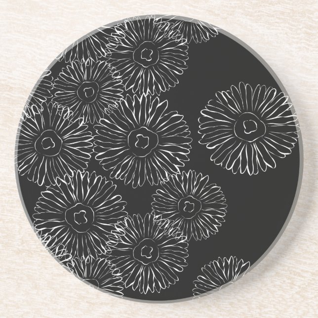 Black and white abstract spring flowers coaster (Front)