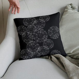 Black and white abstract spring flowers cushion