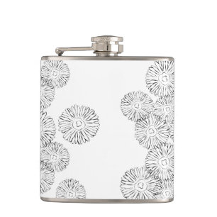 Black and white abstract spring flowers hip flask