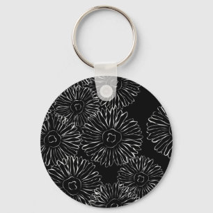 Black and white abstract spring flowers key ring