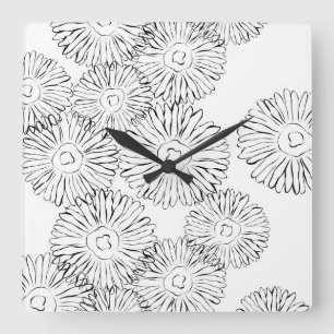 Black and white abstract spring flowers square wall clock