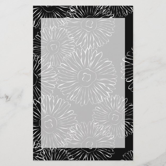 Black and white abstract spring flowers stationery (Front)