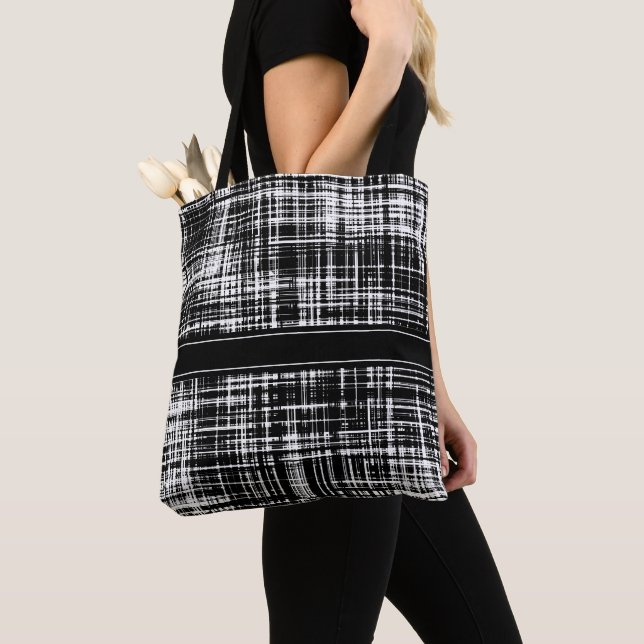 Black and White Abstract Stripe Pattern Tote Bag (Close Up)