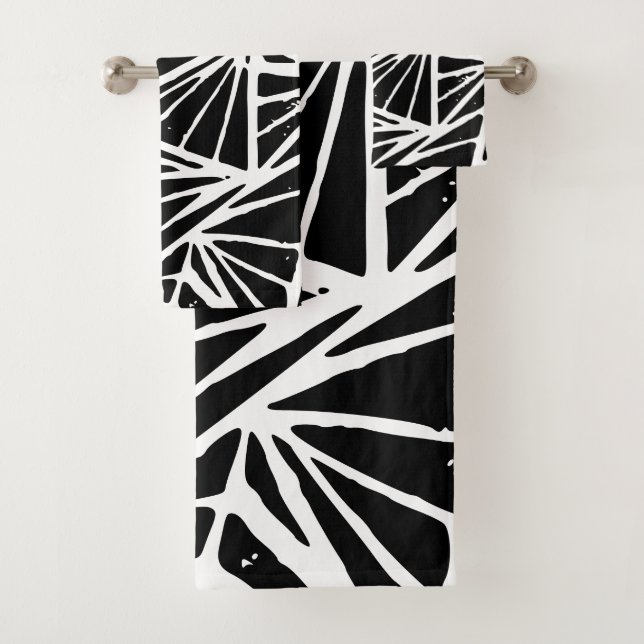 Black and White Abstract Triangles Lino Print Bath Towel Set (Insitu)