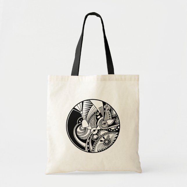 Black And White Abstract Zendala On Circle Tote Bag (Front)