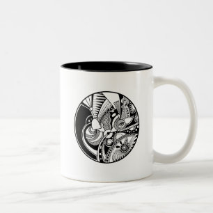 Black And White Abstract Zendala On Circle Two-Tone Coffee Mug
