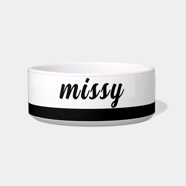 Black and white add name Ceramic Pet Bowl (Front)