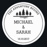 Black and white adventure wedding sticker<br><div class="desc">A simple black and white wedding sticker. The design features a simple message saying "the adventure begins" at the top with a simple illustration of a forest. Below, you can customize the design with your names or "Mr & Mrs" or a short message of thanks, with the date of your...</div>