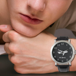 Black and White Airplane Cool Custom Pilot Name  Watch