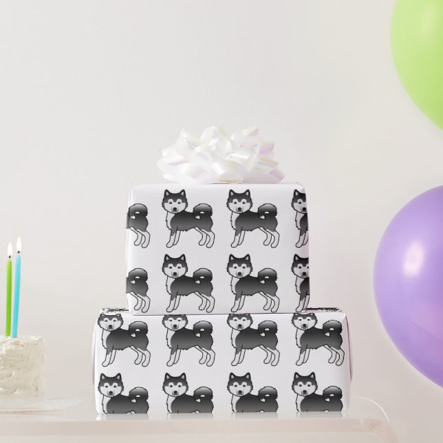 Black And White Alaskan Malamute Cute Dog Pattern Wrapping Paper (Party Gifts)