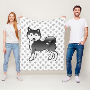 Black And White Alaskan Malamute Cute Dog & Paws Fleece Blanket