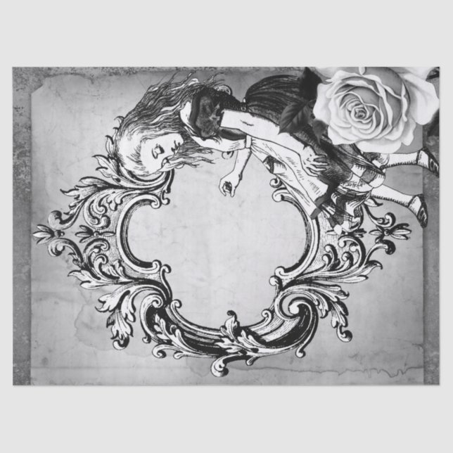 Black and White Alice in Wonderland Ornate Frame Tissue Paper (Front)