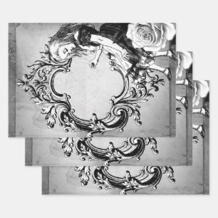 Black and White Alice in Wonderland Ornate Frame Wrapping Paper Sheet