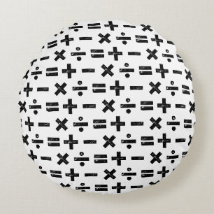 Black and White All Math Symbols Lino Cut Round Cushion
