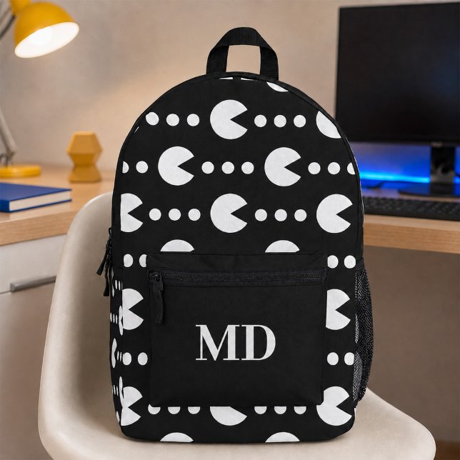 Black and White All Over Gamer Custom Initials  Printed Backpack (Black and White Gamer Pattern Monogram Printed Backpack)