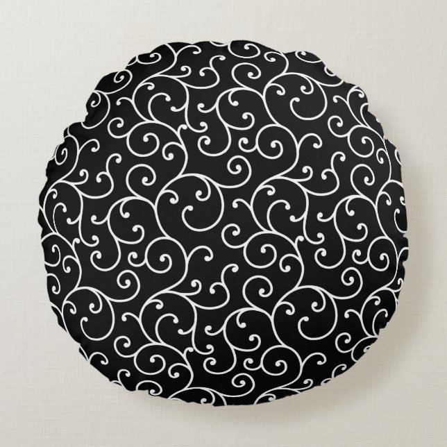 Black and White allover seamless scroll designpatt Round Cushion (Front)