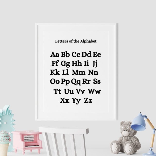 Black and White Alphabet Educational Poster (Black and White Alphabet Educational Poster on the wall in white frame.)