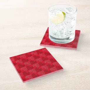 Black and White Alternating Heart Lines on Red Glass Coaster