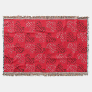 Black and White Alternating Heart Lines on Red Throw Blanket