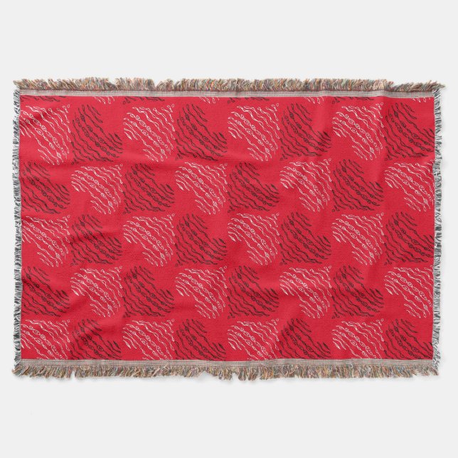 Black and White Alternating Heart Lines on Red Throw Blanket (Front)