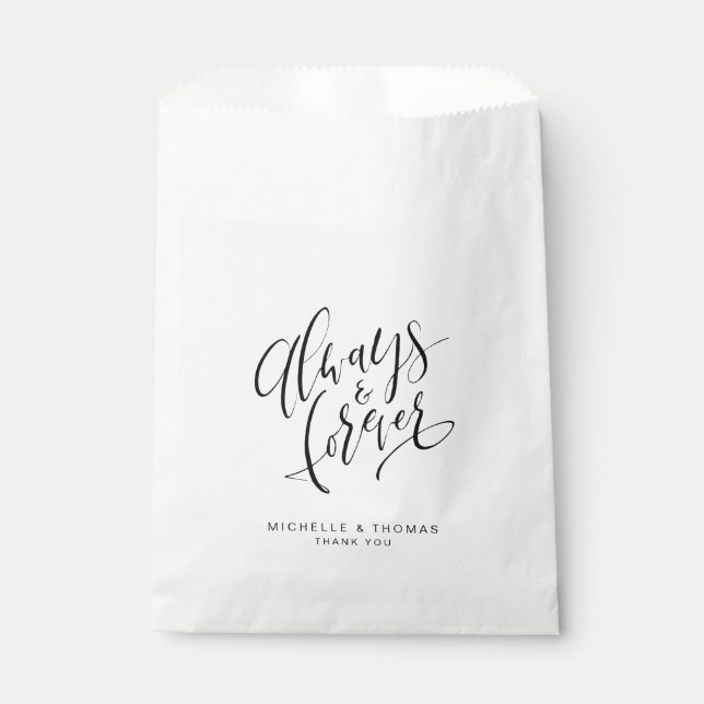Black And White Always And Forever Script Wedding Favour Bags (Front)