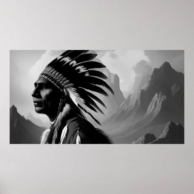 Black and White American Indian Man Monochrome Poster (Front)