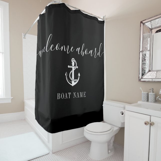 Black And White Anchor Boat Name Welcome Aboard Shower Curtain (In Situ)