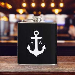 Black and White Anchor Monogram Hip Flask