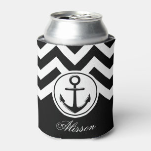 Black and White Anchor Pattern Can Cooler