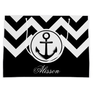 Black and White Anchor Pattern Large Gift Bag