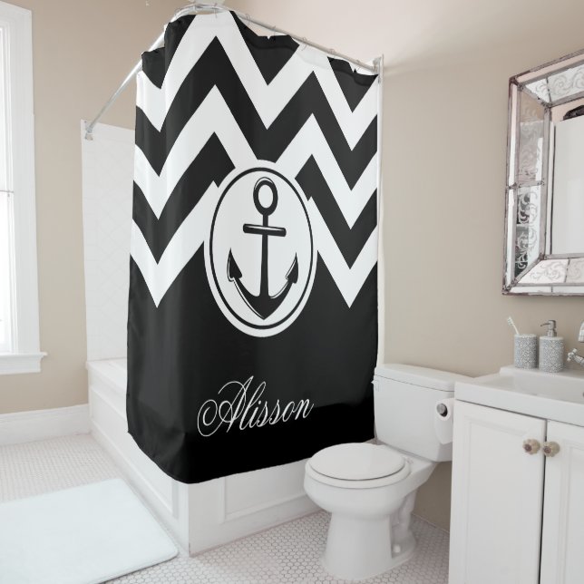 Black and White Anchor Pattern Shower Curtain (In Situ)