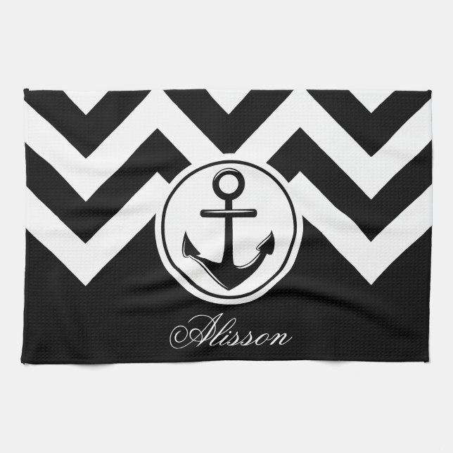 Black and White Anchor Pattern Tea Towel (Horizontal)