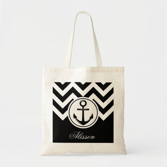 Black and White Anchor Pattern Tote Bag (Front)