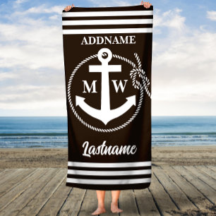 Black and White Anchor Rope Monogrammed Custom Beach Towel