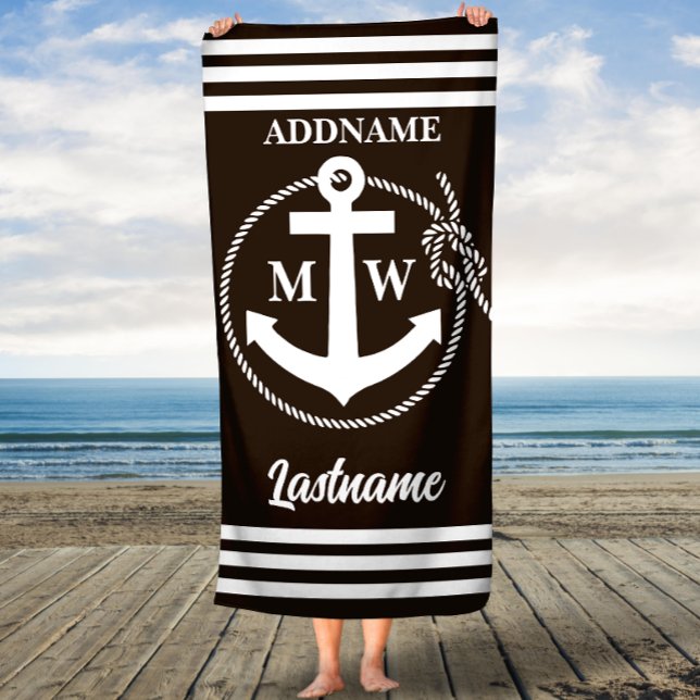 Black and White Anchor Rope Monogrammed Custom Beach Towel (Creator Uploaded)