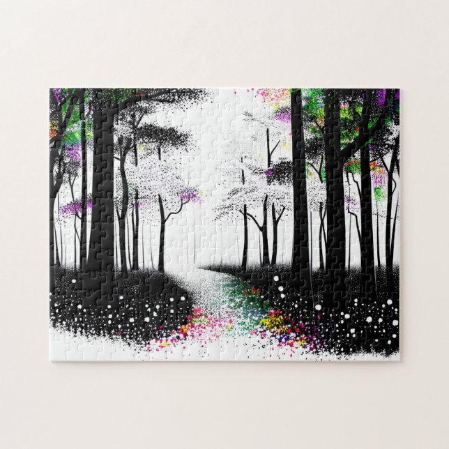 Black and White and Abstract Colourful Forest Path Jigsaw Puzzle (Horizontal)