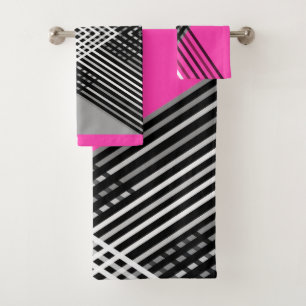Black and white and gray intertwined stripes on a  bath towel set