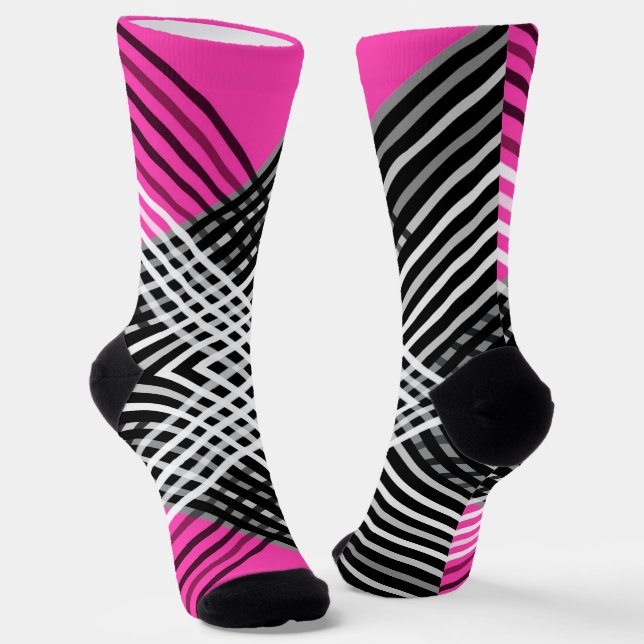 Black and white and grey intertwined stripes on a  socks (Angled)