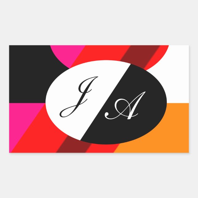 Black and white and red double monogrammed rectangular sticker (Front)