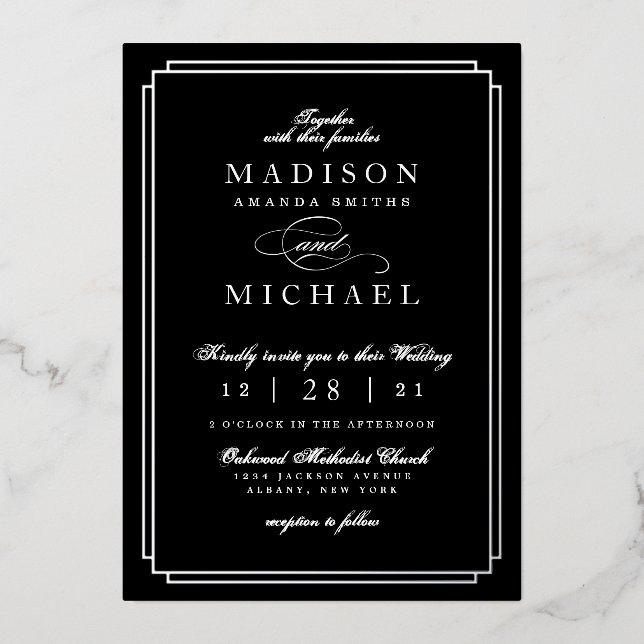 Black and White and Silver Foil Wedding Invitation (Front)