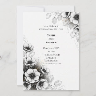 Black and White Anemone Poppy Wedding Invitation