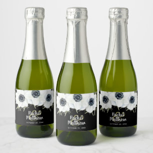 Black and White Anemones Floral Watercolor Mini Sparkling Wine Label
