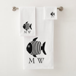 Black And White Angel Fish Design Monogrammed Bath Towel Set